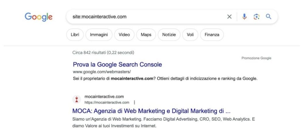 L’operatore site:. Esempio site:mocainteractive.com